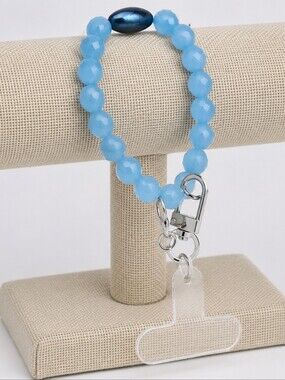 6.75" Blue Crystal Beaded Phone Lanyard Wristlet Bracelet Silver Swivel Clasp